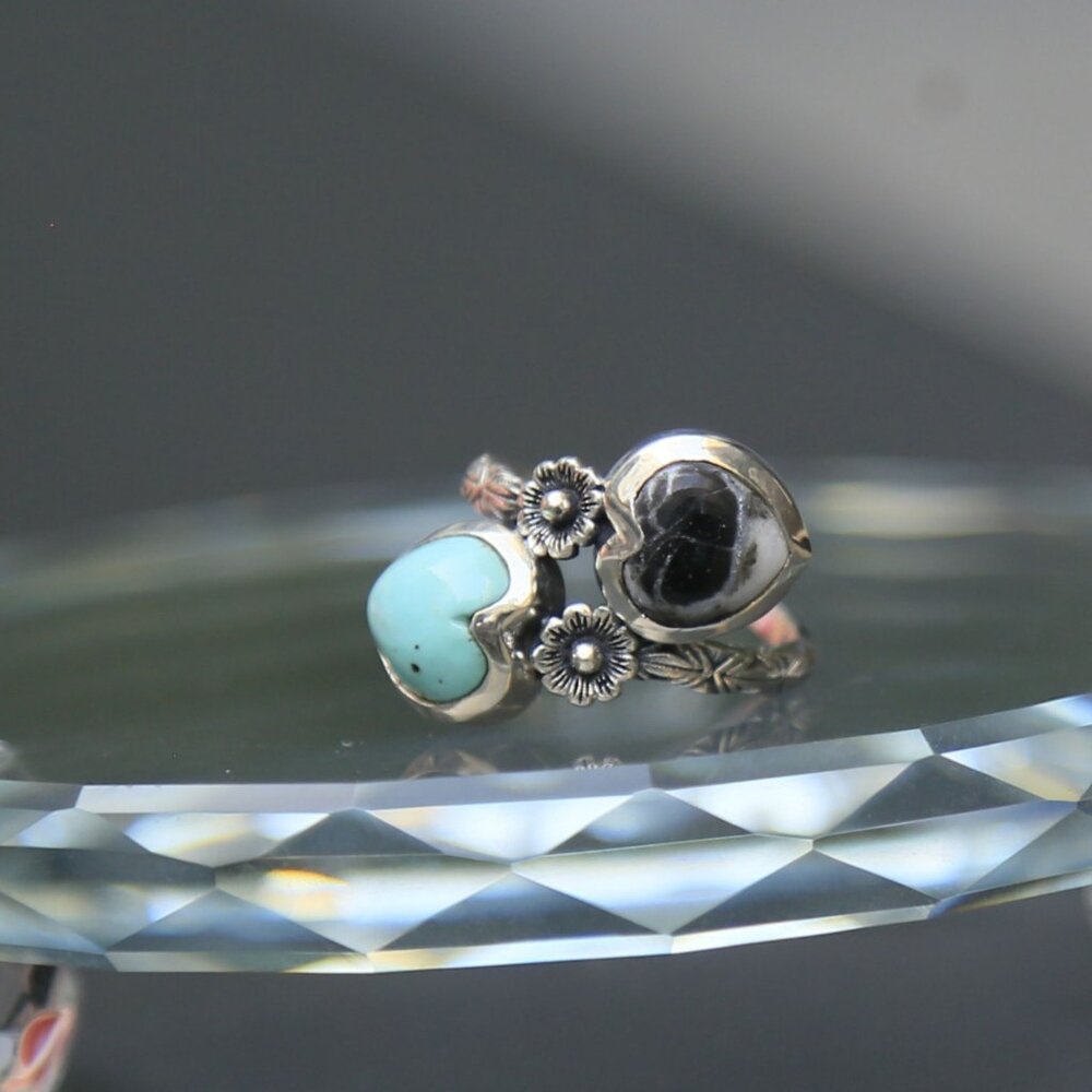 Artisan ✦ Tahoe Nevada Turquoise & White Buffalo Heart Ring ✦ 925 Bypass Size 7 - Picture 8 of 12